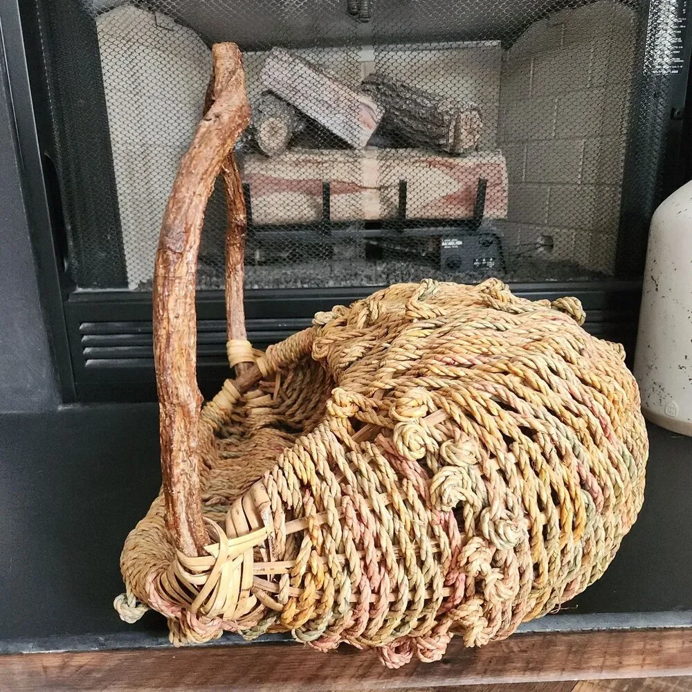 Vintage Rustic Folk Art Driftwood Handle Gathering Basket Large Woven Cottage